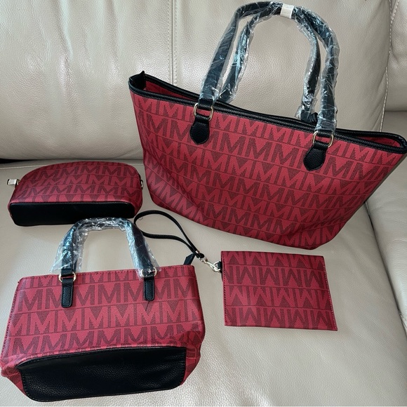 New 4pc MKF COLLECTION MODERN TOTE HANDBAG SET Marimar M Signature Mia K Red/Bl - Picture 2 of 15